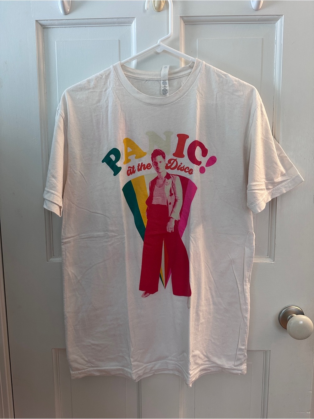 Next Level Apparel White Tee with Pink, Yellow & Green Panic! Graphic